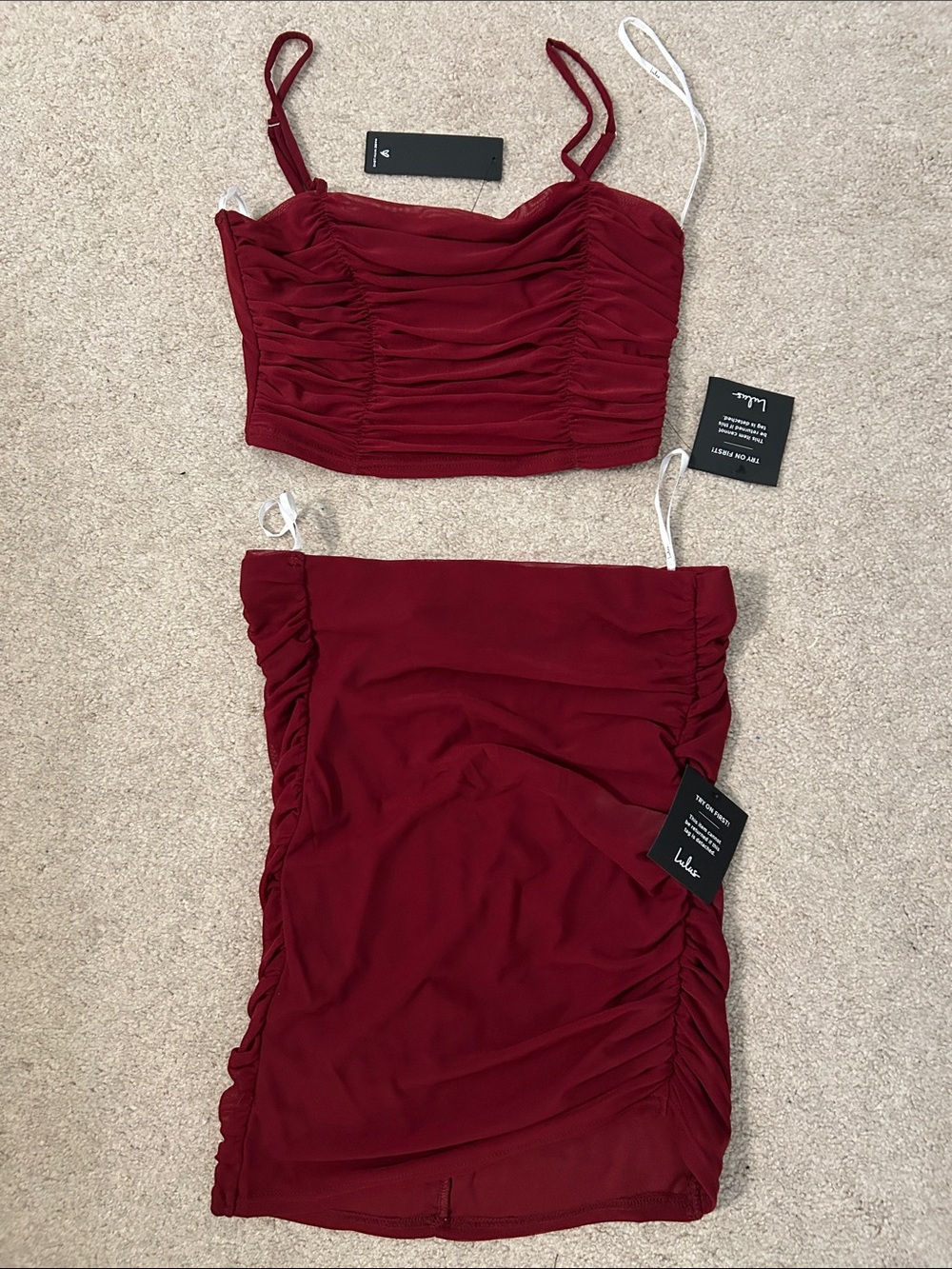 Lulu's Burgundy Ruched Two-Piece Skirt Set